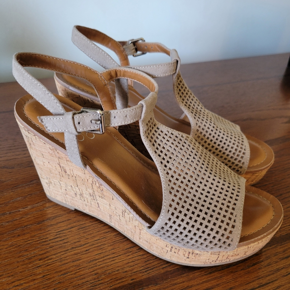 Franco Sarto Tan Wedge Sandals with Perforated Design